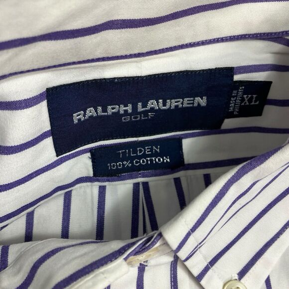 Ralph Lauren Golf Shirt Mens XL Purple Striped Button Down Tilden Cotton Pony LS - Picture 3 of 12